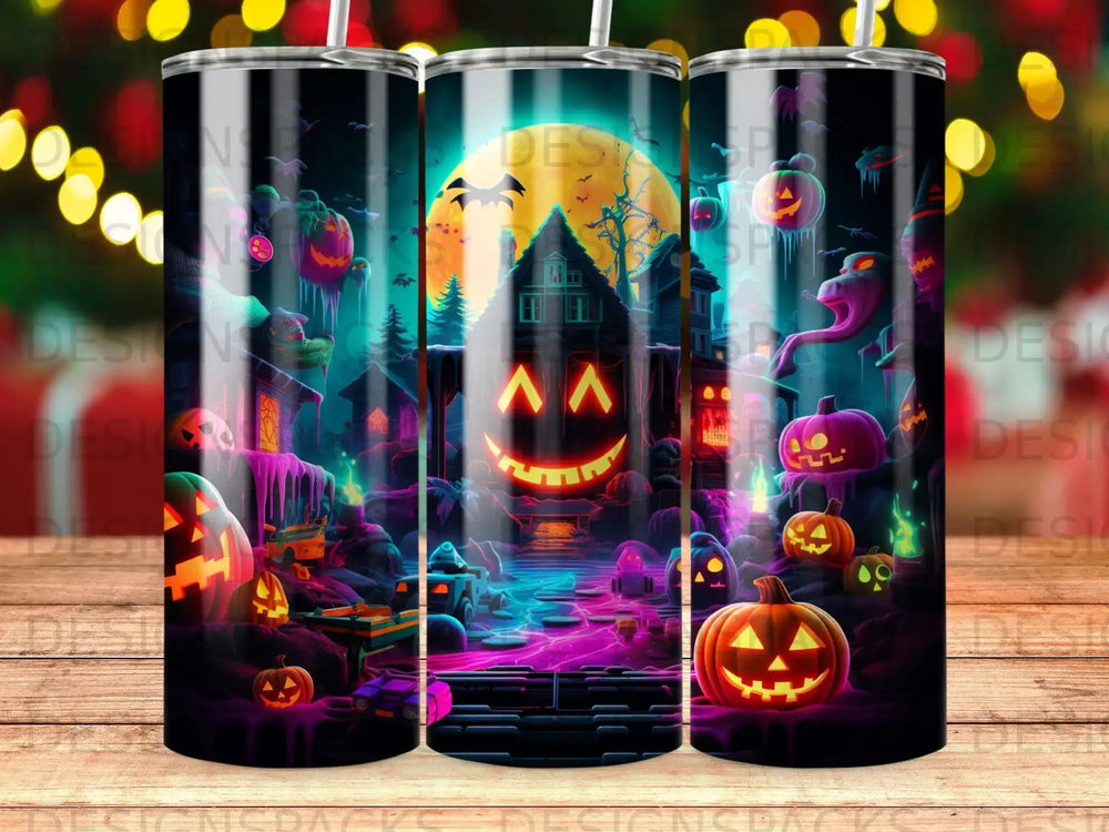 Haunted house with glowing jack-o'-lanterns and spooky characters under a full moon.