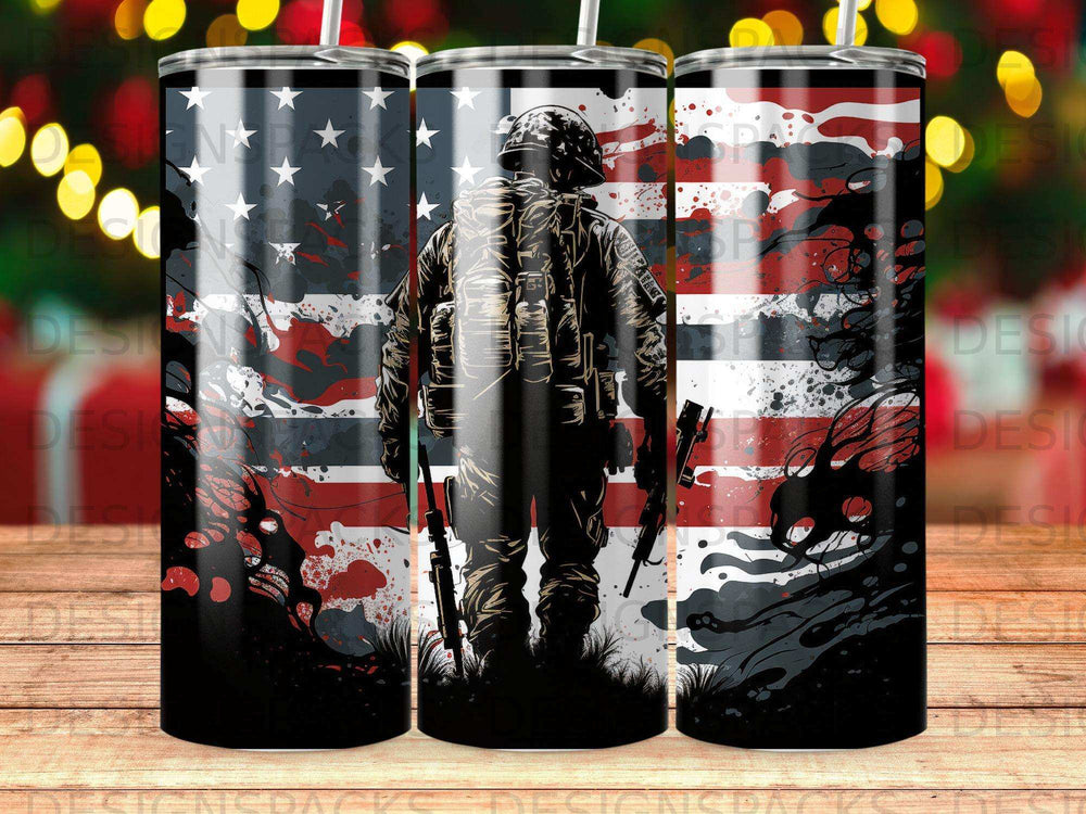 Soldier silhouette against abstract American flag background.