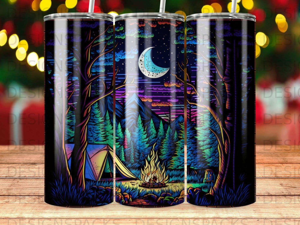 Campfire under a crescent moon in a forest, next to a tent.