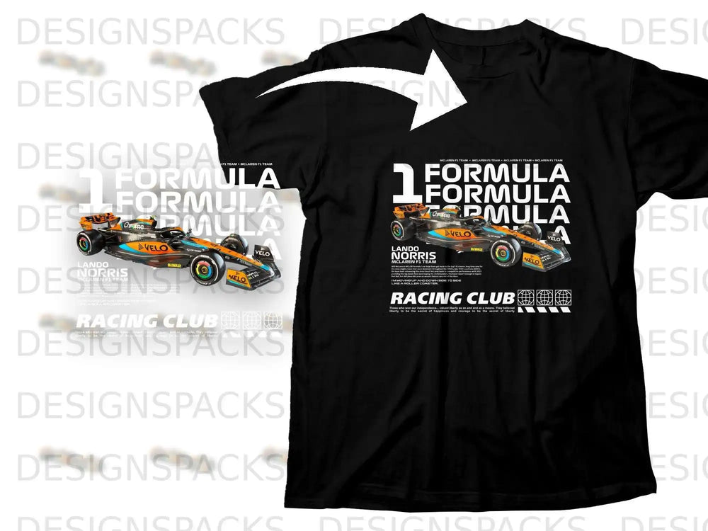 Black t-shirt with McLaren F1 Team logo, Lando Norris name, and VELO branding.
