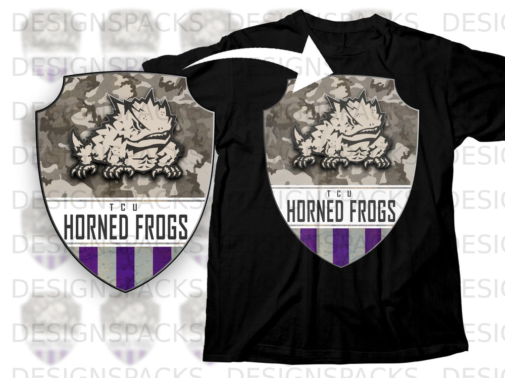 Black t-shirt with TCU Horned Frogs shield logo featuring a horned lizard and camouflage.