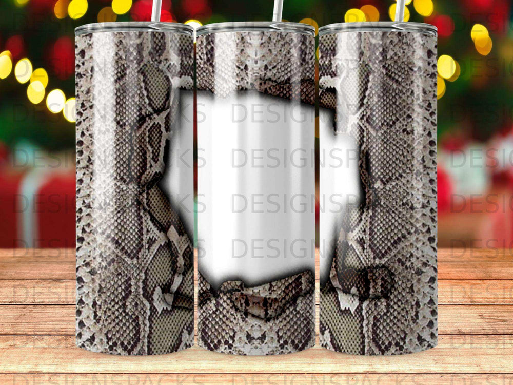 Tumbler with a distressed snake print design and a white central cutout.
