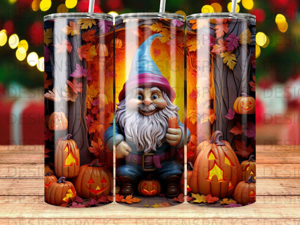 Gnome holding carrot surrounded by pumpkins and autumn leaves.