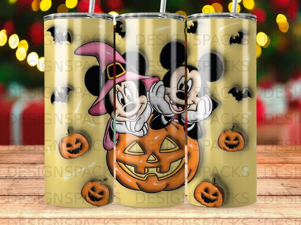 Mickey and Minnie Mouse peeking out of a Jack-o'-lantern.