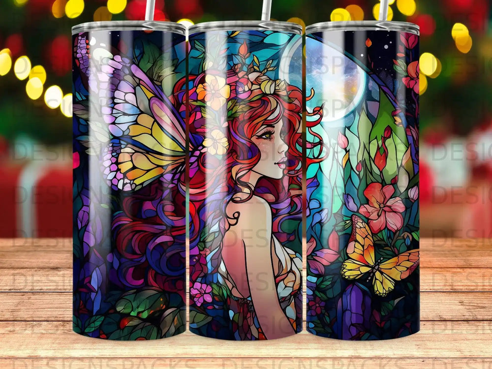 Fantasy portrait of a woman with butterfly wings and colorful flowers.