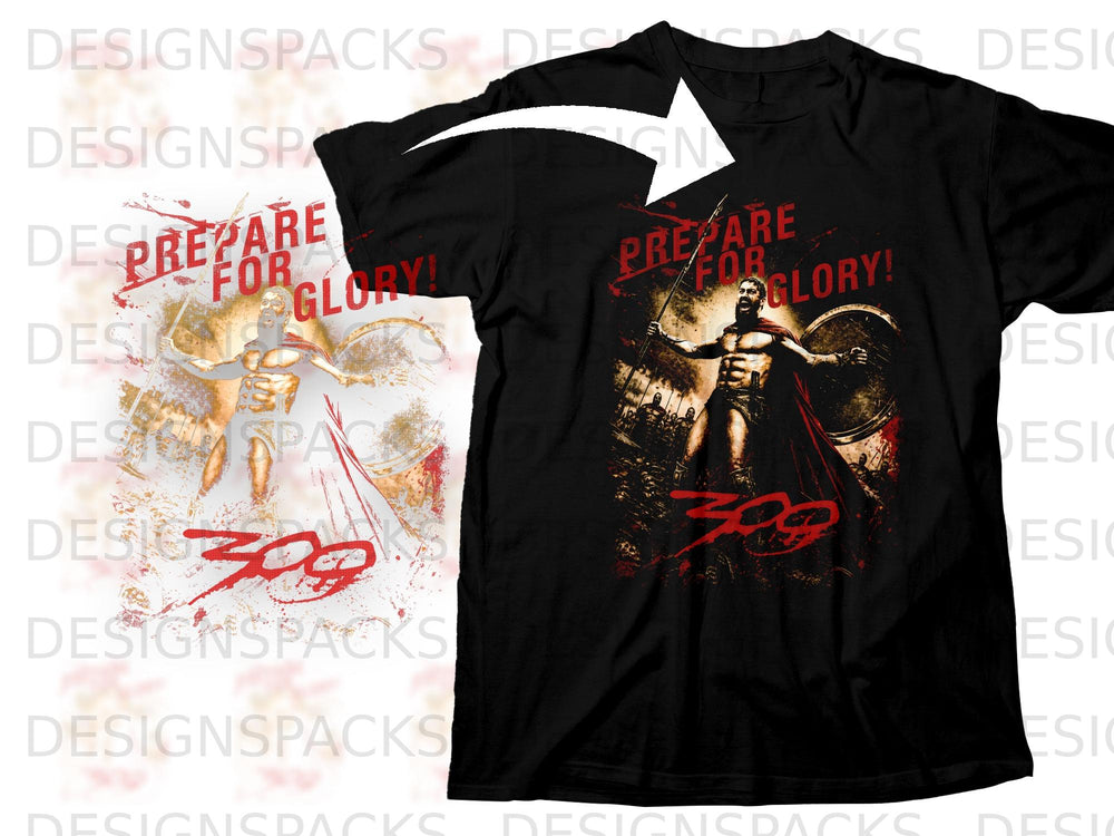 Black t-shirt with "300" and "Prepare for Glory" text, featuring Spartan warrior graphic.