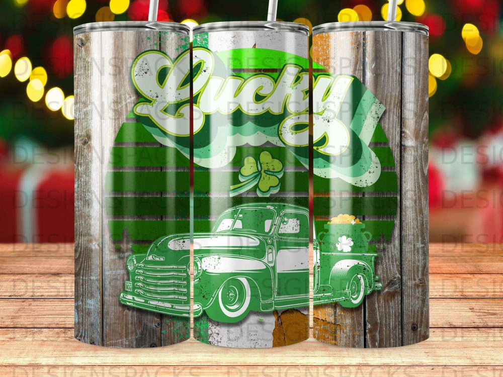 Lucky clover and truck on distressed wood background, multiple tumblers.