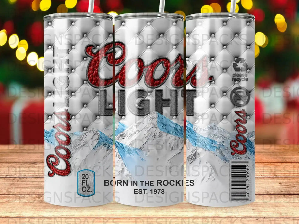 Coors Light tumbler with mountains and "Born in the Rockies" text.