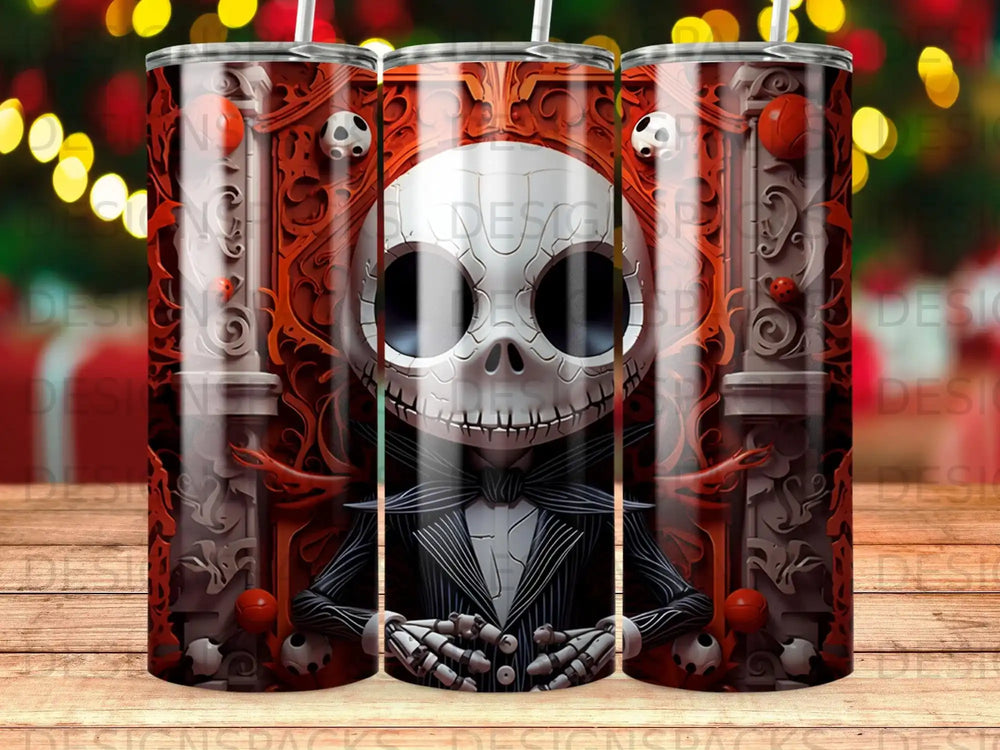 Jack Skellington character with skulls and ladybugs on a patterned tumbler.