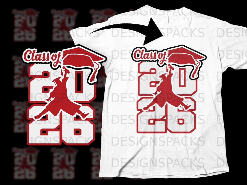 White t-shirt with "Class of 2026" graphic in red and white.