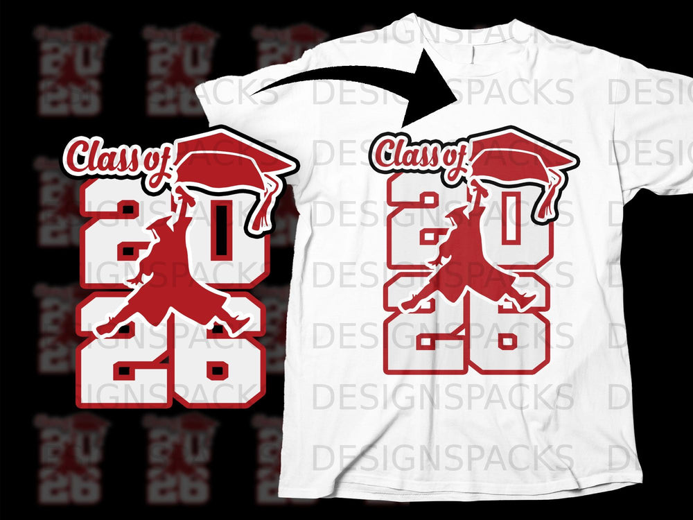 White t-shirt with "Class of 2026" graphic in red and white.