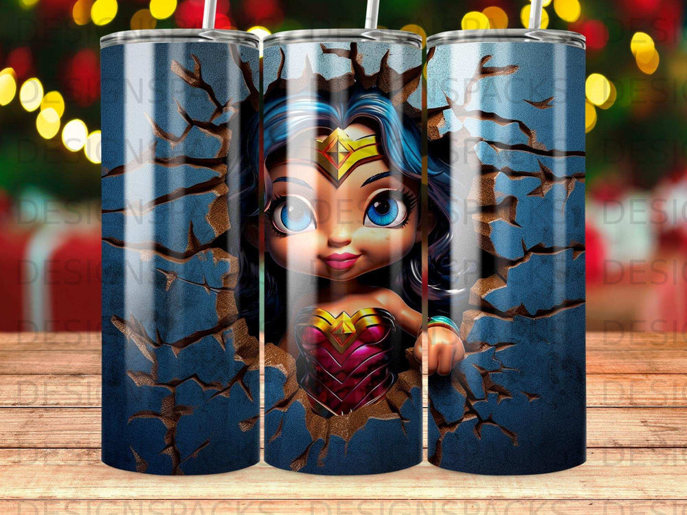 Wonder Woman peeking through a cracked blue textured surface.