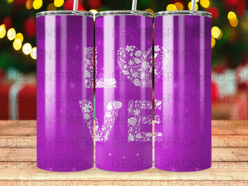 Love word in floral pattern on purple gradient tumblers.