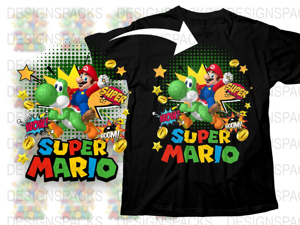 Super Mario and Yoshi Graphic T-Shirt, Colorful Retro Video Game Tee, Pop Art Style, Casual Wear for Gamers and Fans
