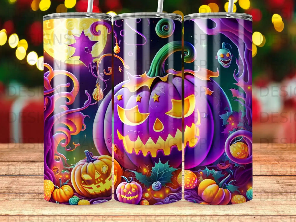 Halloween tumbler with spooky purple pumpkin, smaller pumpkins, and starry night background.