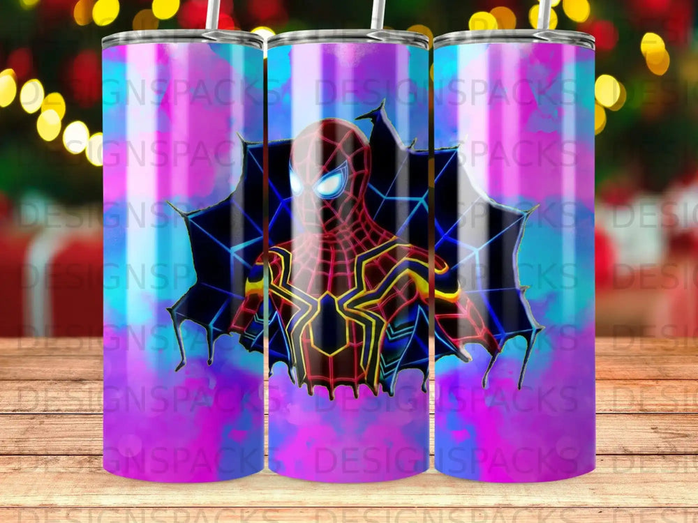 Spider-Man tumbler with colorful web background and "DESIGNSPACKS" watermark.