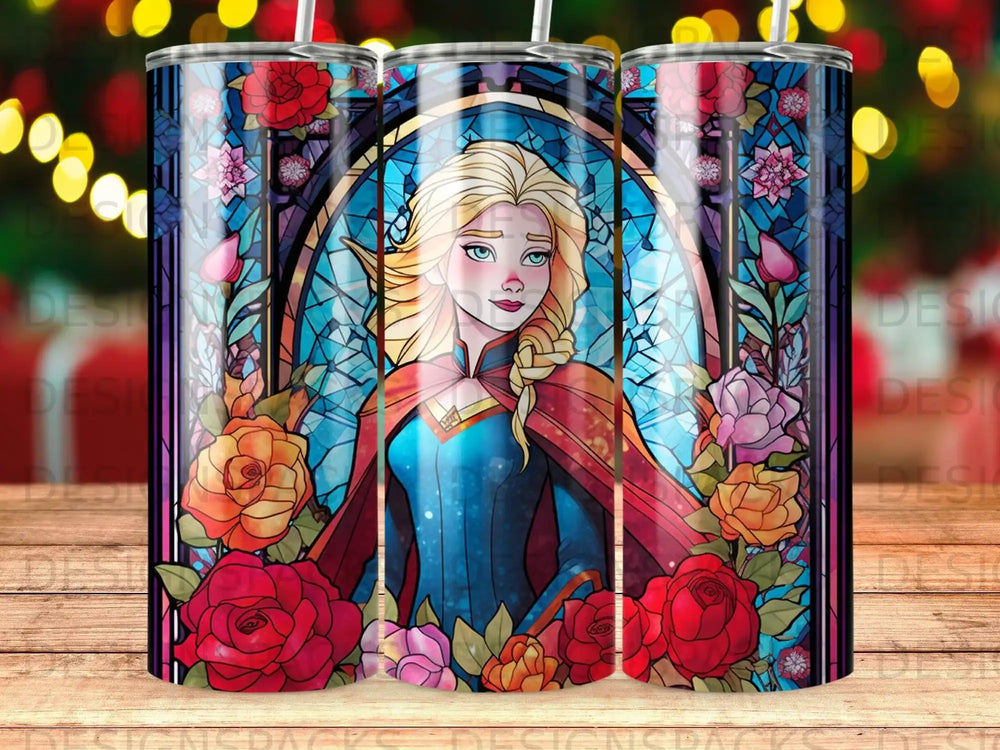 Elsa from Frozen in stained glass with roses.