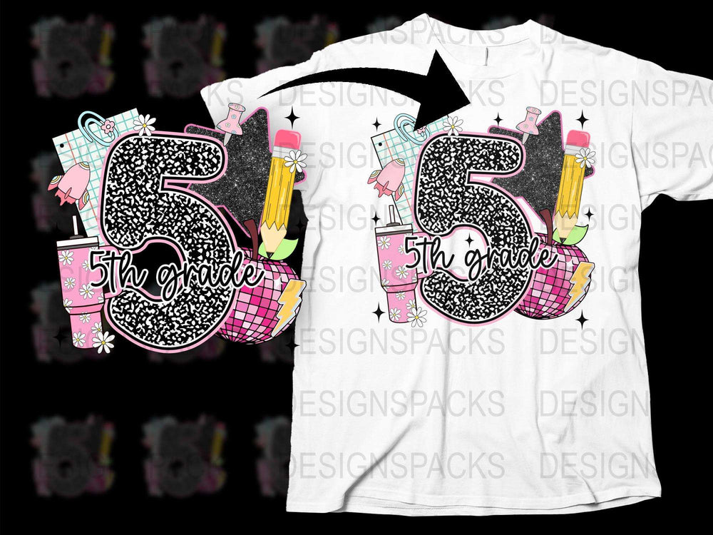 5th Grade T-Shirt, School Spirit Tee, Glitter Pencil Star Design, Youth White Graphic Shirt, Back to School Outfit