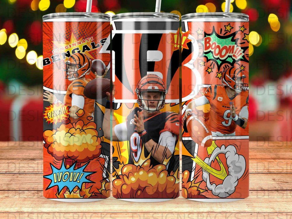 Cincinnati Bengals quarterback Joe Burrow in comic book style with "Boom!" and "Wow!".