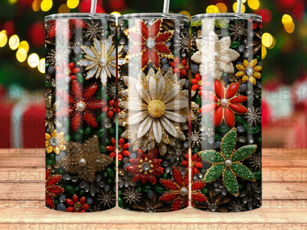 Black tumbler with festive floral ornaments and bokeh lights.