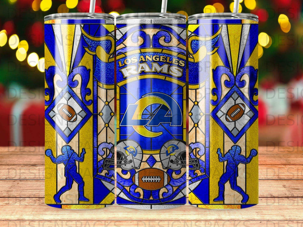 Los Angeles Rams football team tumbler with team logos and helmets.