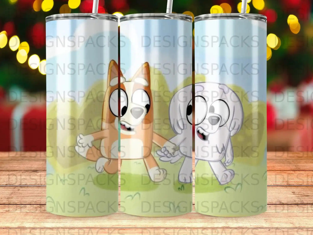 Bluey and Bingo characters holding hands on a patterned tumbler.