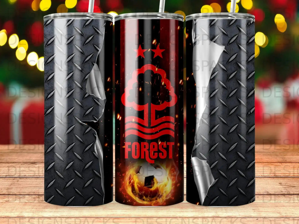 Nottingham Forest football club logo on a fiery tumbler with diamond plate design.