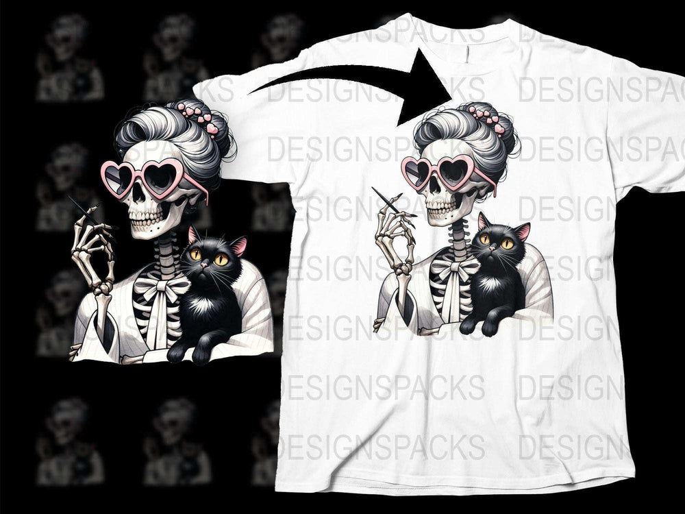 Gothic Skeleton Lady and Cat T-Shirt, Black and White Graphic Tee, Unique Halloween Apparel