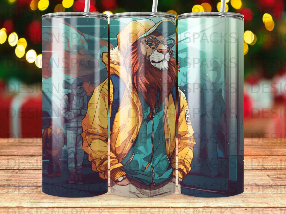 Lion wearing glasses and hoodie, standing with arms crossed.
