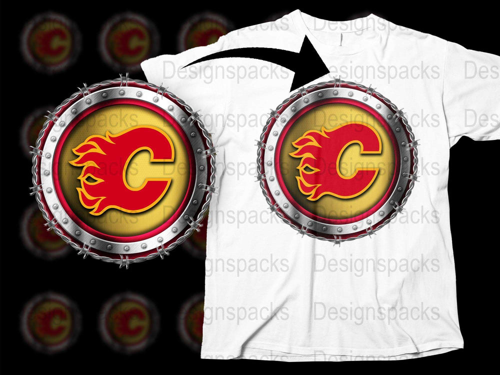 Calgary Flames Inspired T-shirt, Hockey Logo Design, Red and Yellow, Unisex Adult Fashion Tee