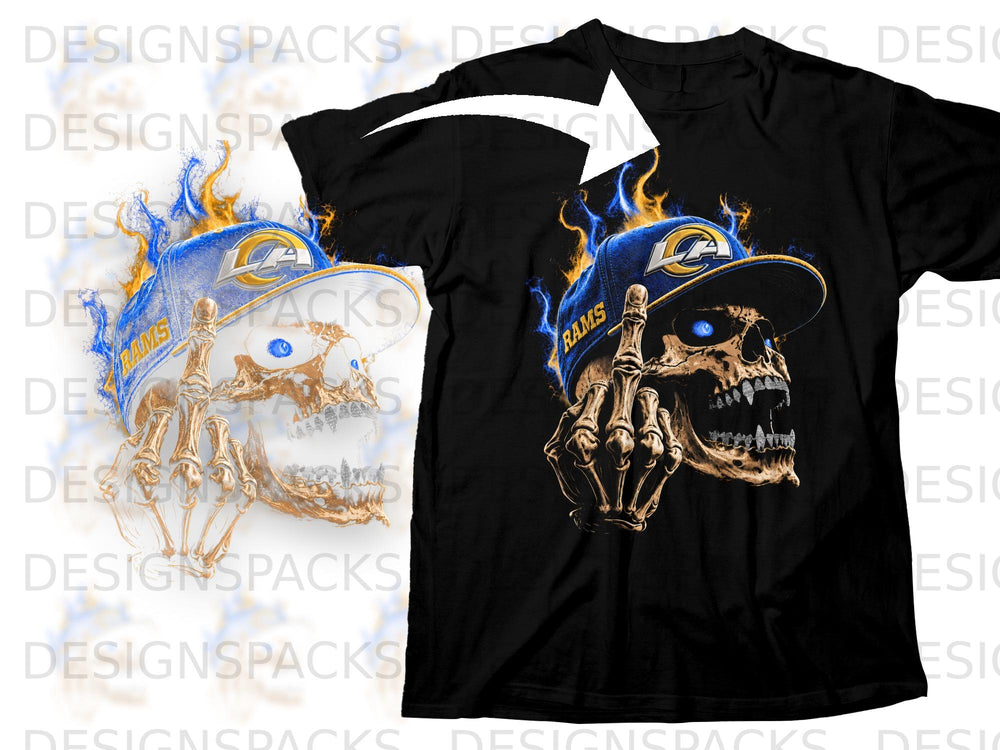Black t-shirt with a flaming skull wearing a Rams hat and giving the middle finger.