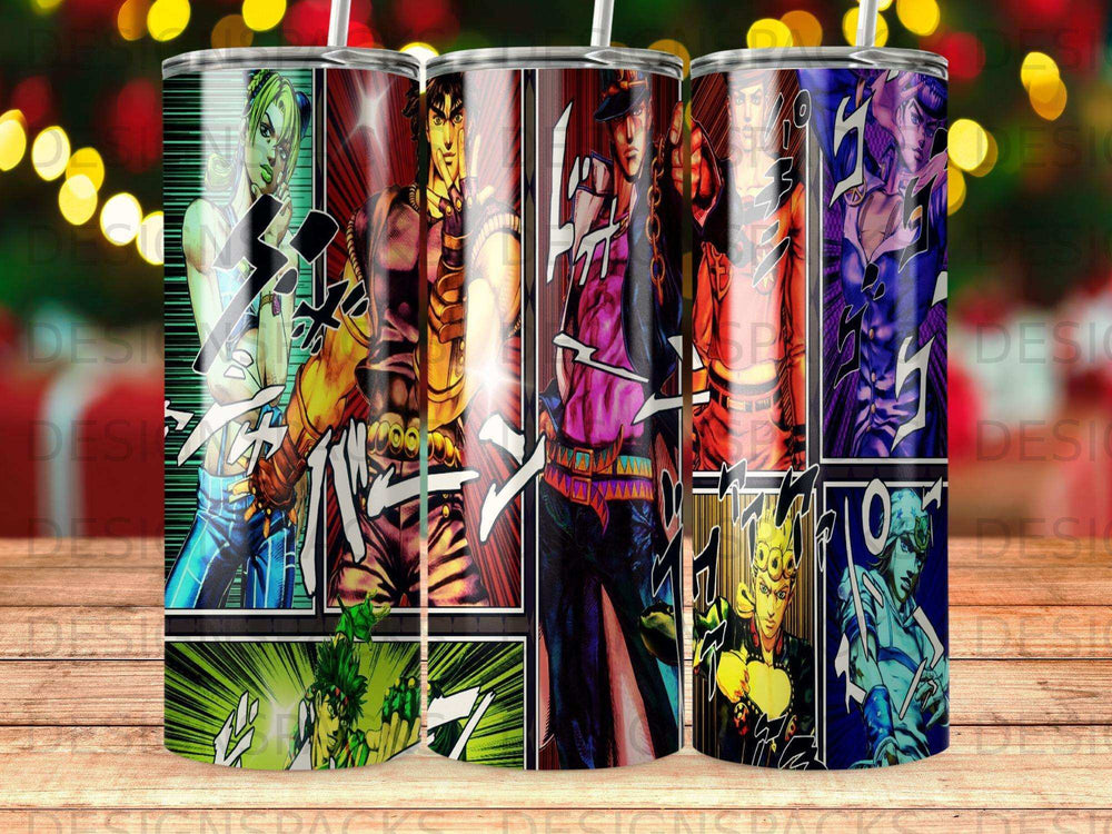 Manga panels featuring characters from JoJo's Bizarre Adventure on a tumbler.