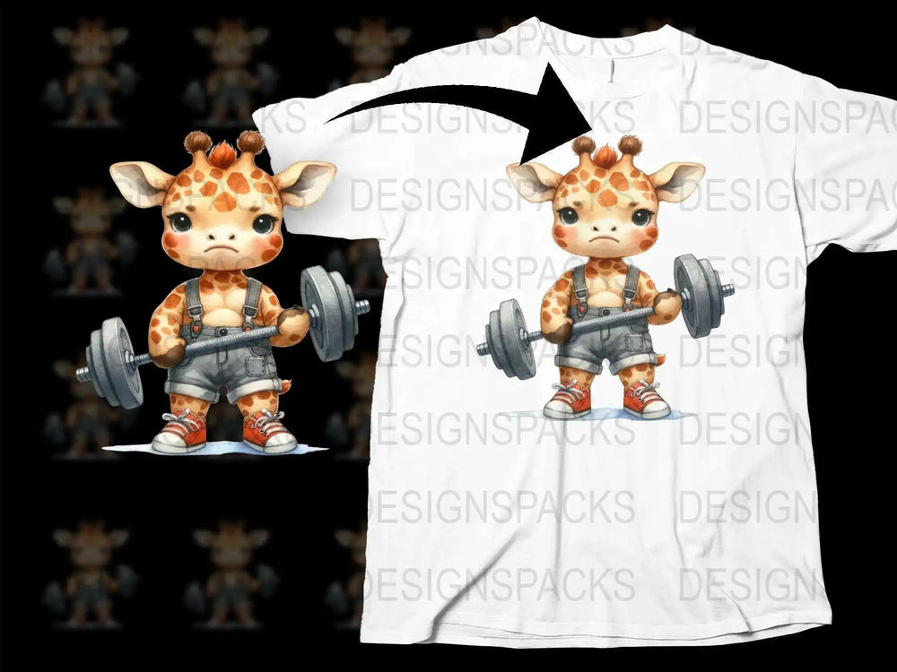 Cute Giraffe Lifting Weights T-Shirt, Funny Workout Tee, Animal Fitness Design, Unisex Gym Shirt