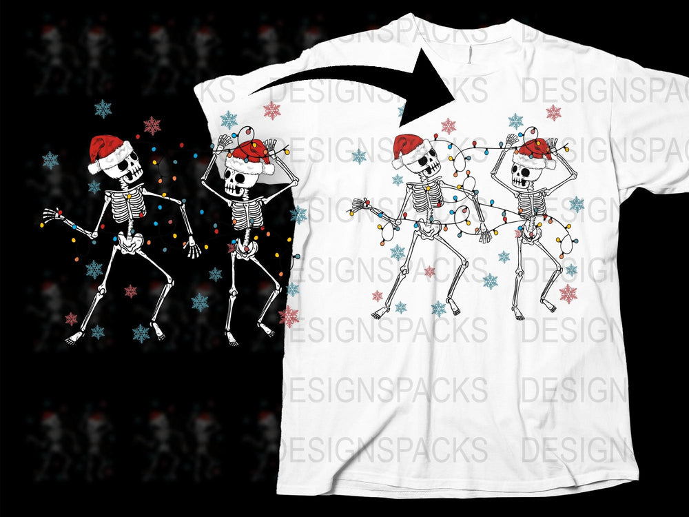 Dancing Skeleton T-Shirt, Festive Holiday Tee, Christmas Lights and Hat, Unisex Graphic Shirt