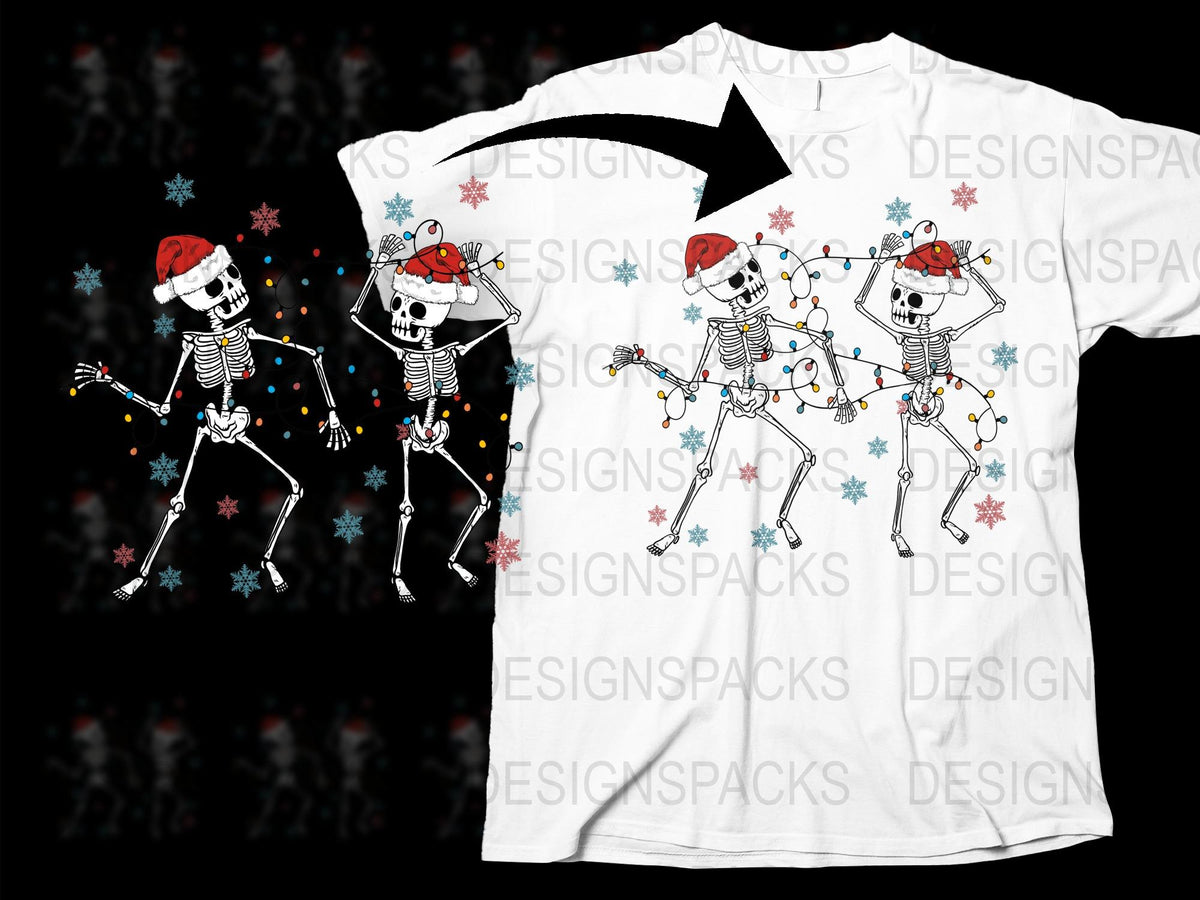 Dancing Skeleton T-Shirt, Festive Holiday Tee, Christmas Lights and Hat, Unisex Graphic Shirt