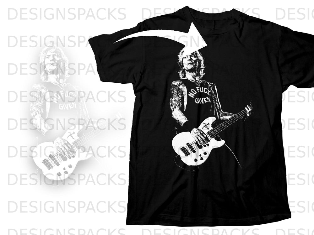 Black t-shirt with graphic of a guitarist holding a bass guitar and wearing a "NO FUCK GIVEN" tank top.