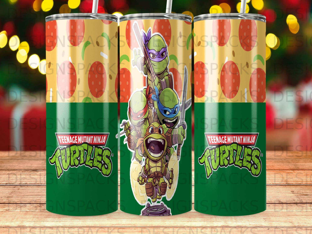 Teenage Mutant Ninja Turtles with pizzas, on a green and yellow patterned background.