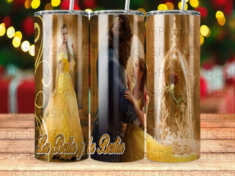 La Bella y La Bestia tumbler featuring Belle and the Beast.