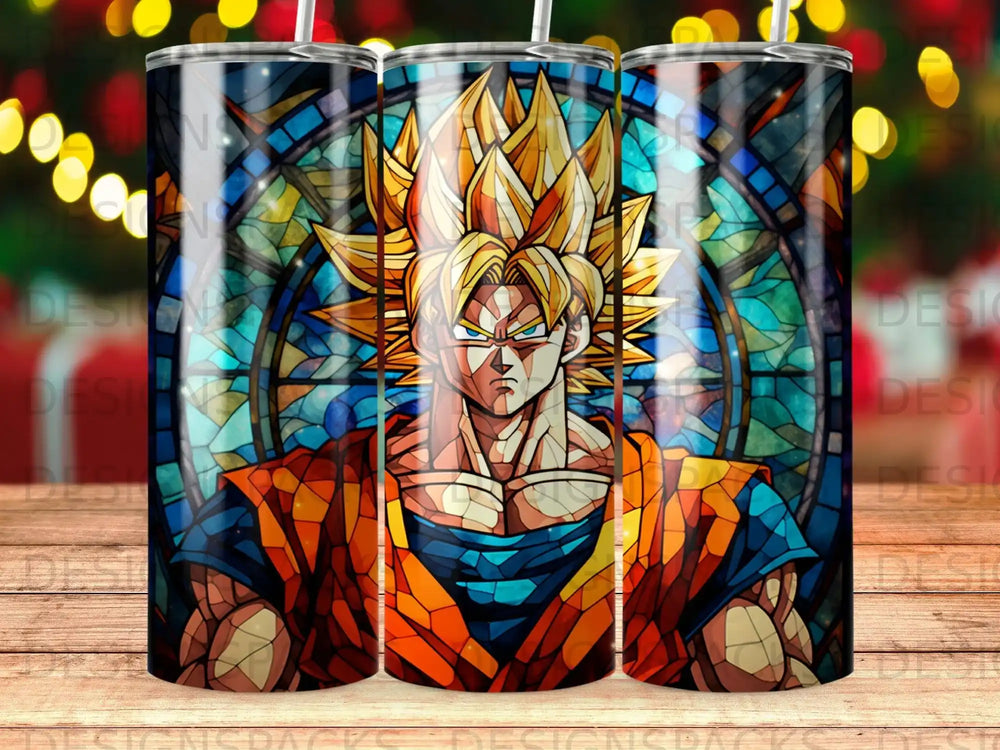 Dragon Ball Z Goku stained glass portrait on a tumbler.