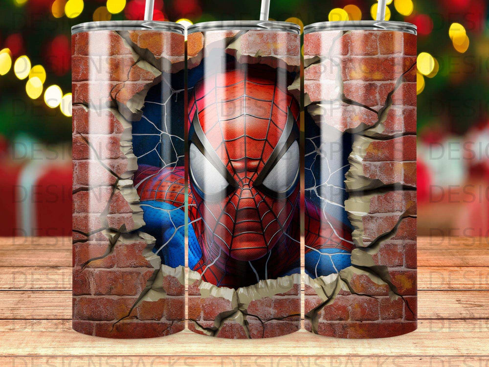 Spider-Man's face breaks through a realistic brick wall in this tumbler design.