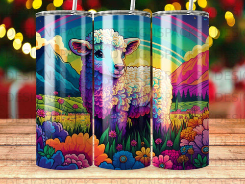 Colorful sheep in a field of flowers with a rainbow.