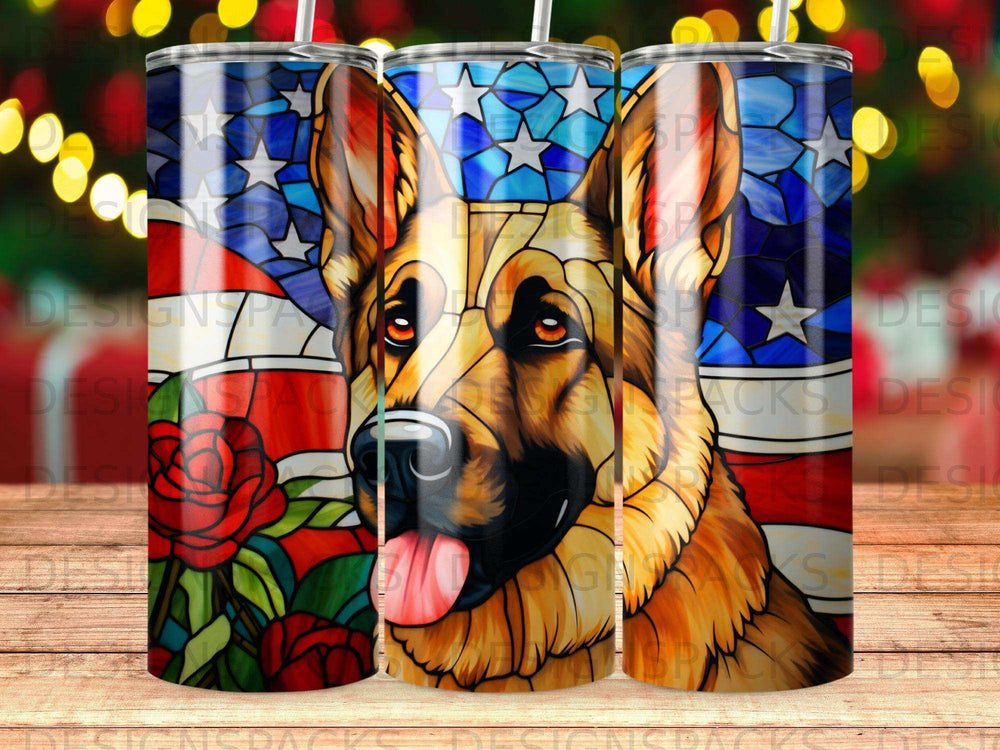 German Shepherd dog against an American flag and rose stained glass pattern.