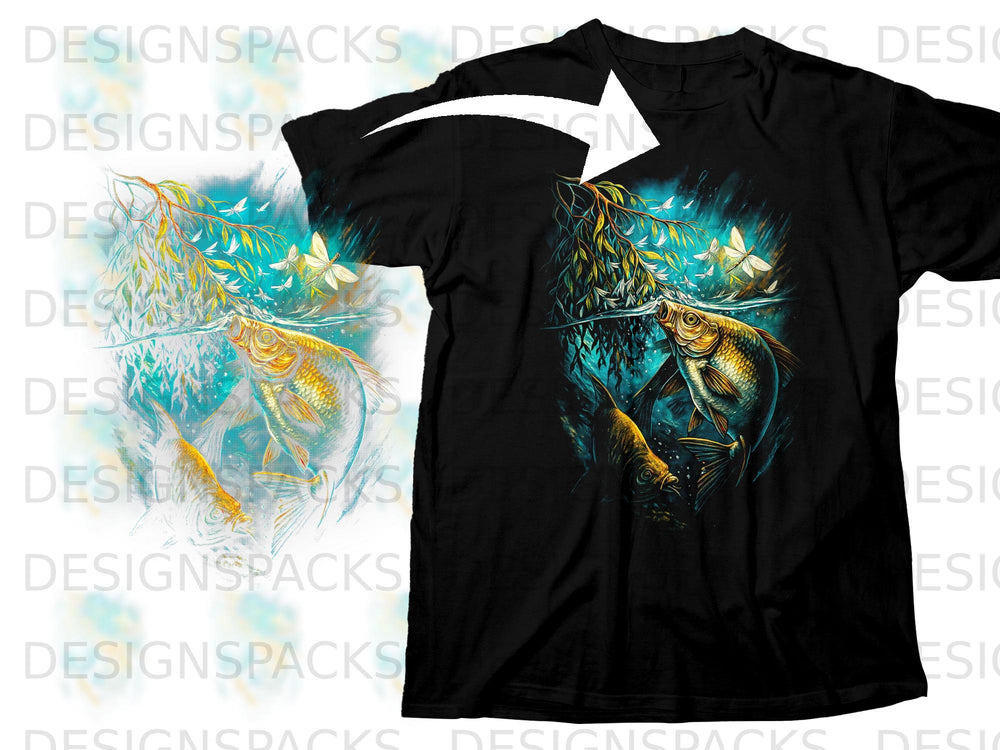 Black t-shirt with a submerged scene of golden fish, water plants, and dragonflies.