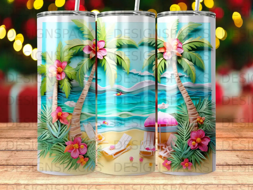 Three tumblers with a tropical beach scene and palm trees.