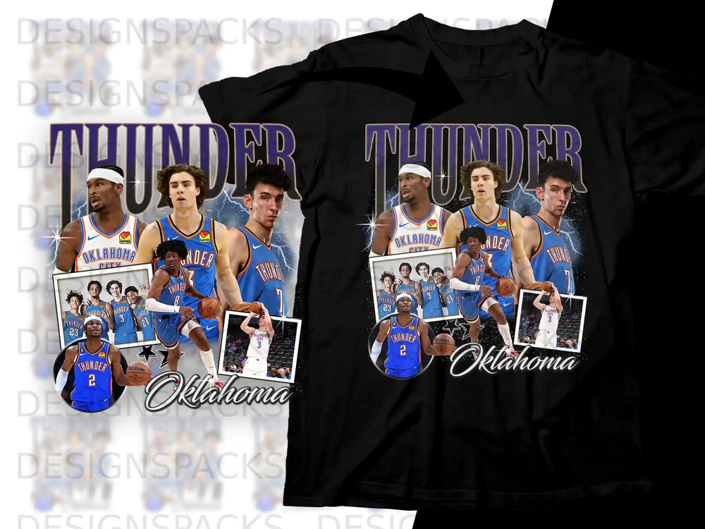 Oklahoma Thunder basketball team graphic with players and "Oklahoma" text.