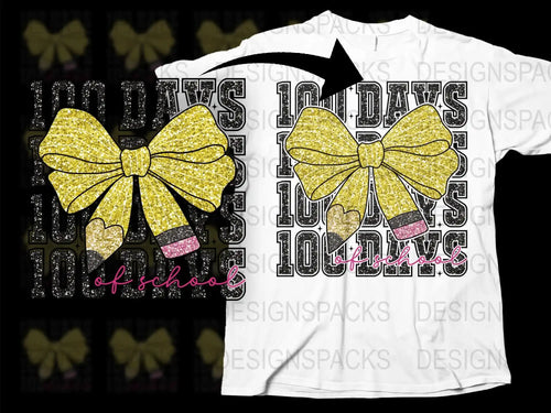 100 Days of School T-Shirt, Glitter Bow Design, White Tee, Celebration Shirt for Kids and Teachers, Fun School Event Apparel