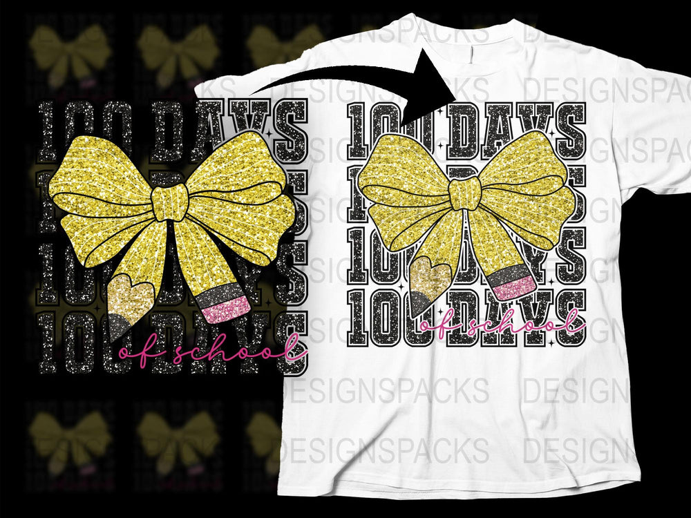 100 Days of School T-Shirt, Glitter Bow Design, White Tee, Celebration Shirt for Kids and Teachers, Fun School Event Apparel