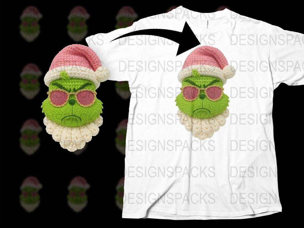Funky Green Grinch Santa Hat Crochet Design T-Shirt, Unisex Christmas Holiday Apparel