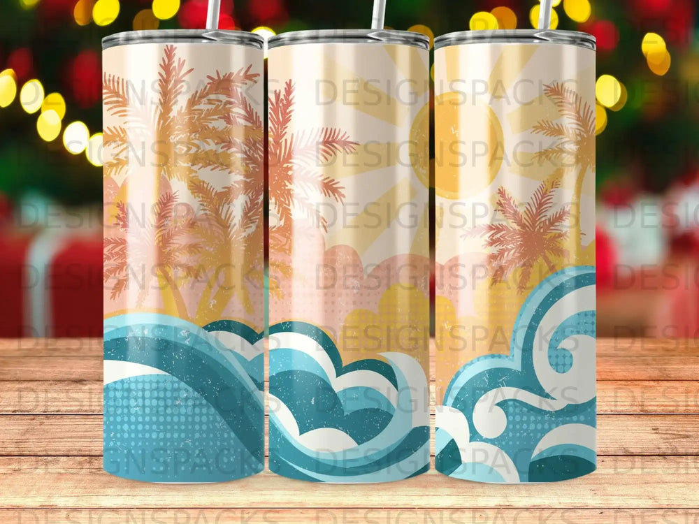 Three tumblers with palm trees and ocean waves design.