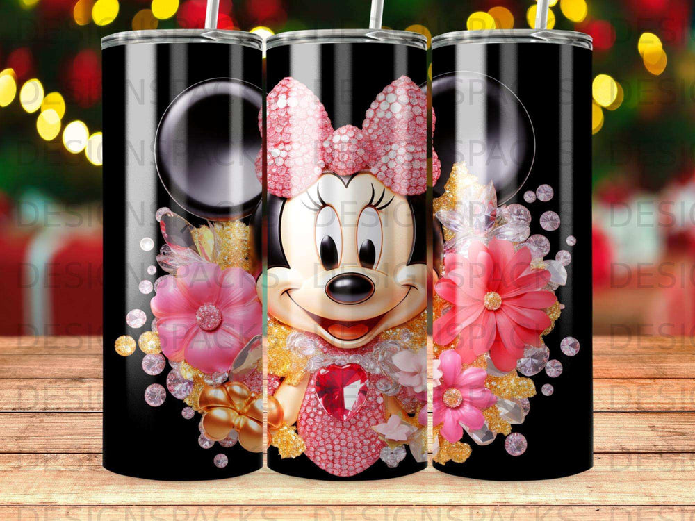 Minnie Mouse with sparkly bow and heart, on a black background.